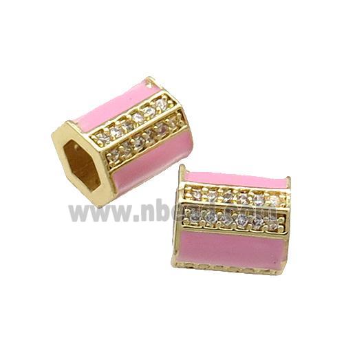 Copper Tube Beads Pave Zircon Pink Enamel Large Hole Gold Plated