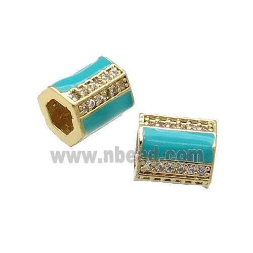 Copper Tube Beads Pave Zircon Green Enamel Large Hole Gold Plated