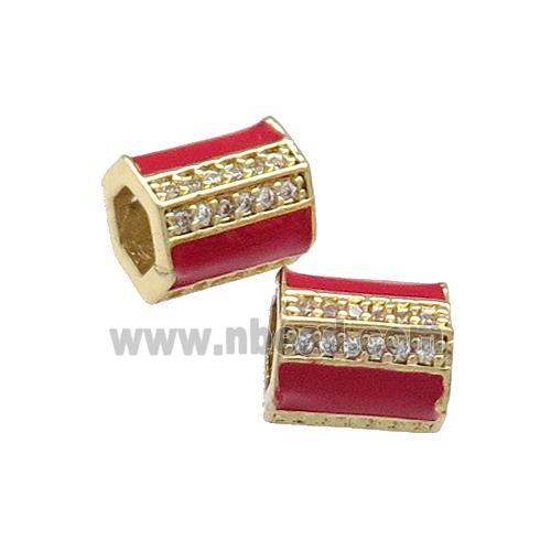 Copper Tube Beads Pave Zircon Red Enamel Large Hole Gold Plated