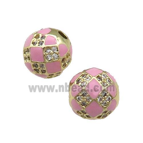 Round Copper Beads Pave Zircon Pink Enamel Football Gold Plated