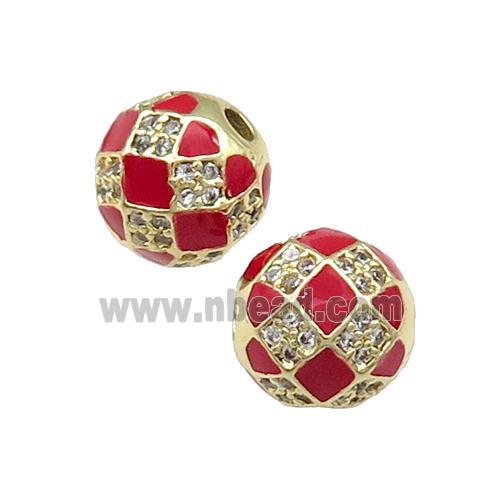 Round Copper Beads Pave Zircon Red Enamel Football Gold Plated