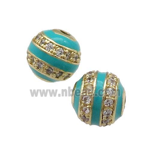 Copper Round Beads Pave Zircon Teal Enamel Gold Plated