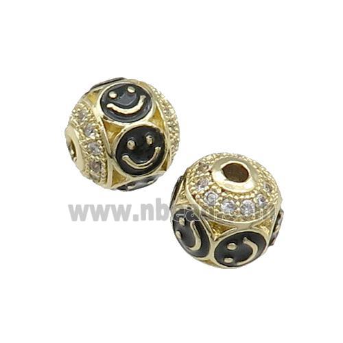 Copper Round Beads Pave Zircon Black Enamel Emoji Gold Plated