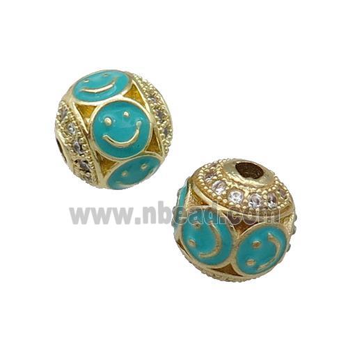 Copper Round Beads Pave Zircon Teal Enamel Emoji Gold Plated