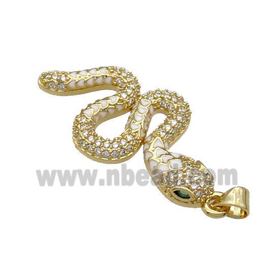Copper Snake Charm Pendant Pave Zircon White Enamel Gold Plated
