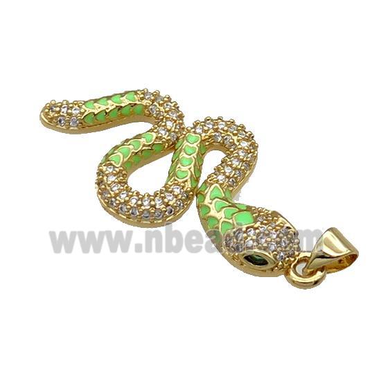 Copper Snake Charm Pendant Pave Zircon Green Enamel Gold Plated