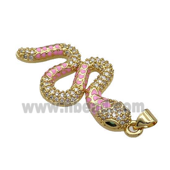Copper Snake Charm Pendant Pave Zircon Pink Enamel Gold Plated