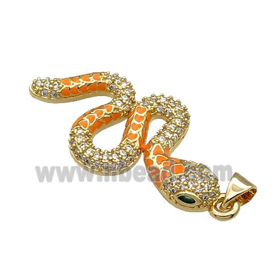 Copper Snake Charm Pendant Pave Zircon Orange Enamel Gold Plated