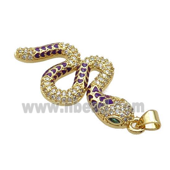 Copper Snake Charm Pendant Pave Zircon Purple Enamel Gold Plated