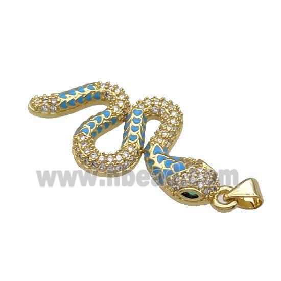 Copper Snake Charm Pendant Pave Zircon Teal Enamel Gold Plated