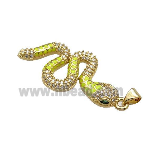 Copper Snake Charm Pendant Pave Zircon Yellow Enamel Gold Plated