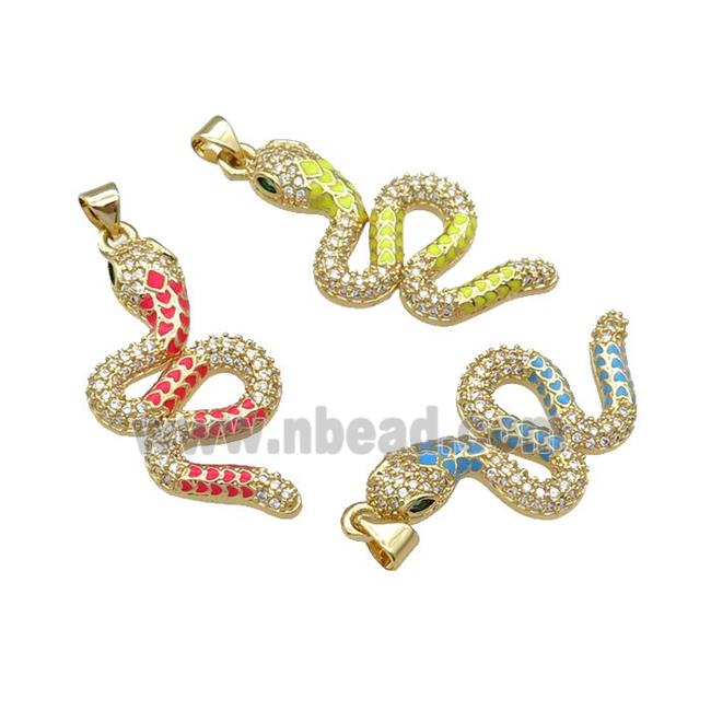 Copper Snake Charm Pendant Pave Zircon Enamel Gold Plated Mixed
