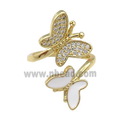 Copper Butterfly Ring Pave Zircon White Enamel Gold Plated