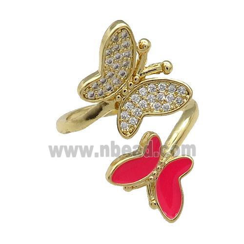 Copper Butterfly Ring Pave Zircon Red Enamel Gold Plated