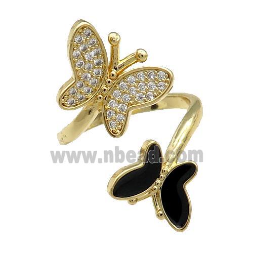 Copper Butterfly Ring Pave Zircon Black Enamel Gold Plated