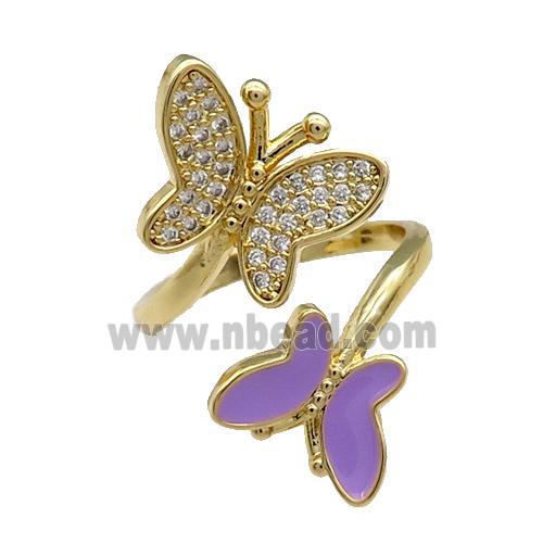 Copper Butterfly Ring Pave Zircon Lavender Enamel Gold Plated