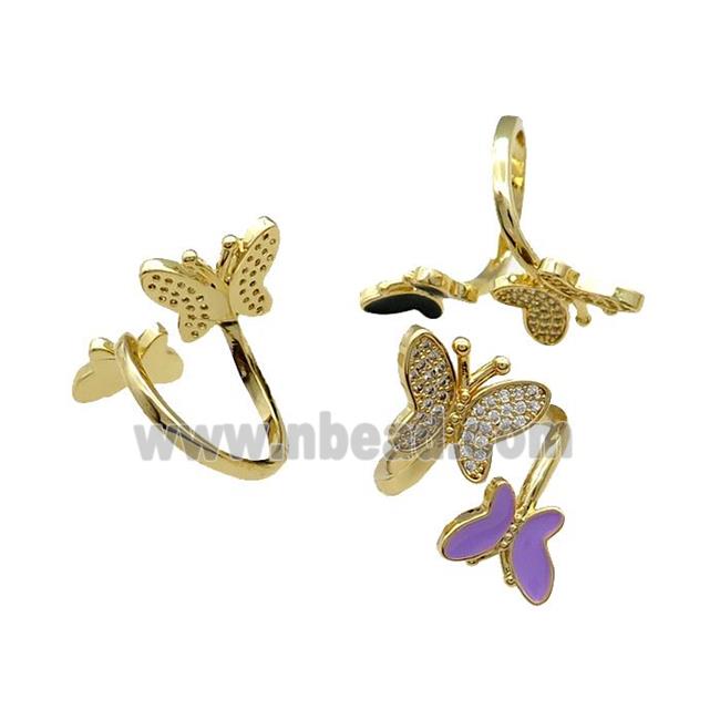 Copper Butterfly Ring Pave Zircon Enamel Gold Plated Mixed