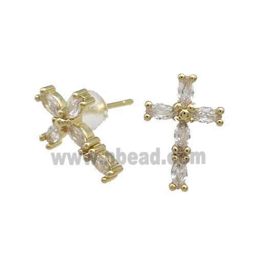 Copper Cross Stud Earring Pave Zircon Gold Plated