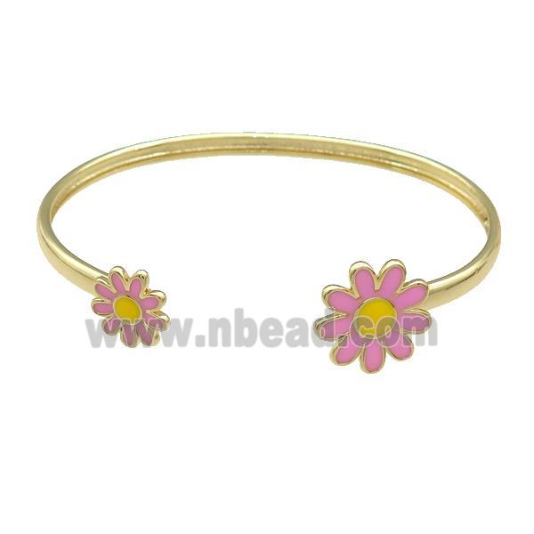 Copper Bangle Pink Daisy Enamel Flower Gold Plated