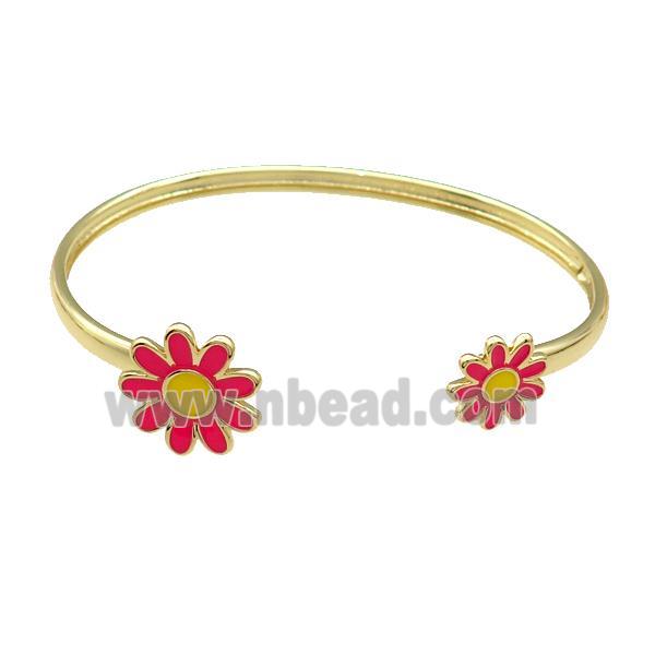 Copper Bangle Red Daisy Enamel Flower Gold Plated