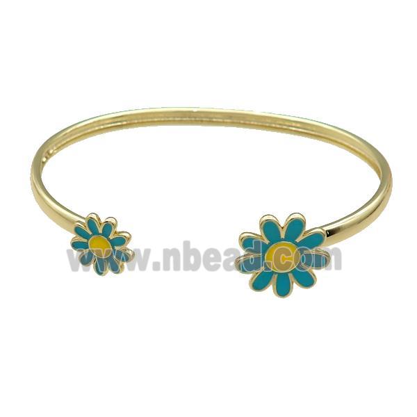 Copper Bangle Teal Daisy Enamel Flower Gold Plated