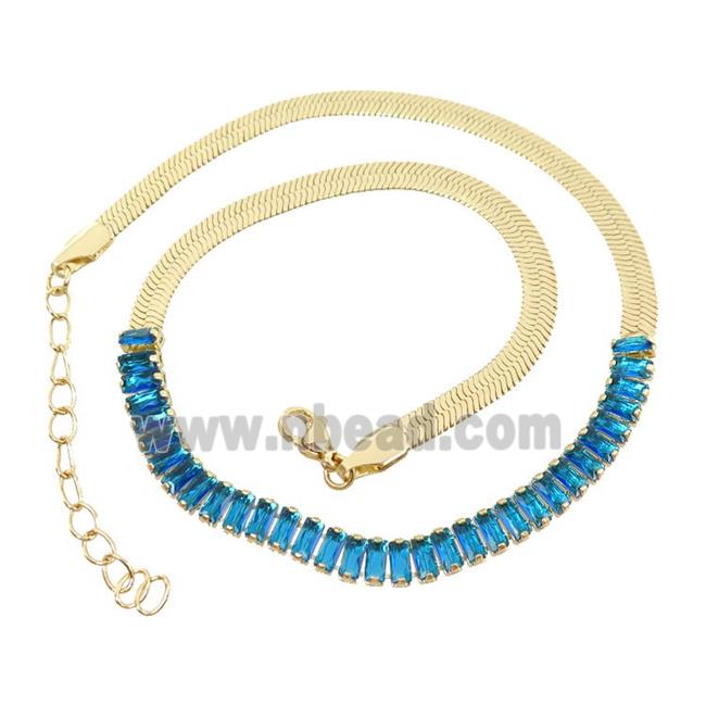 Copper FlatSnake Necklace Pave Blue Zircon Gold Plated