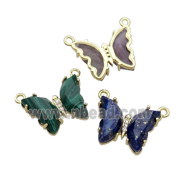 Mixed Gemstone Butterfly Pendant With 2loops Gold Plated