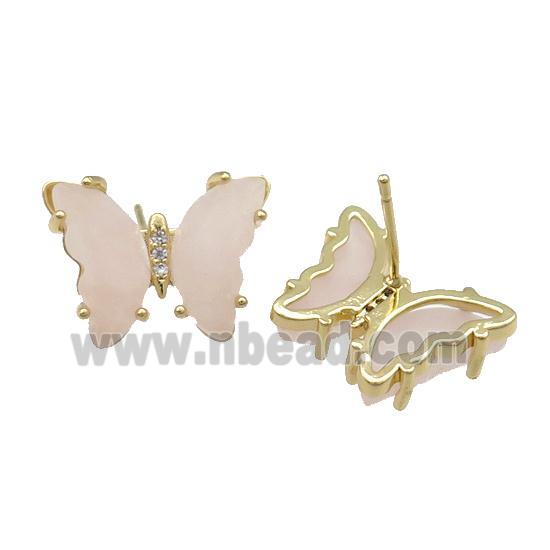 Pink Rose Quartz Butterfly Stud Earring Gold Plated