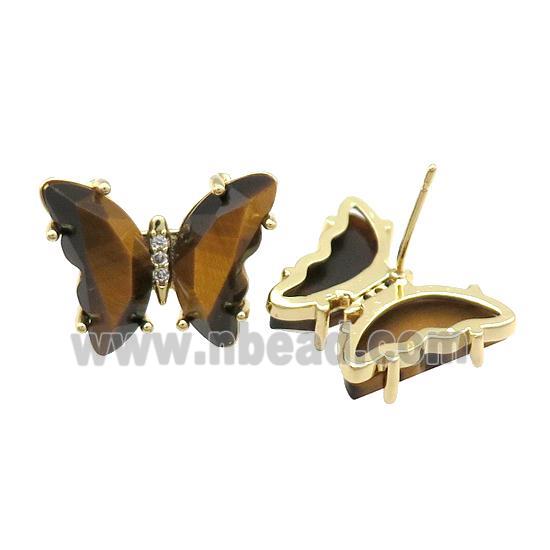Yellow Tiger Eye Butterfly Stud Earring Gold Plated
