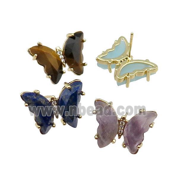 Mix Gemstone Butterfly Stud Earring Gold Plated