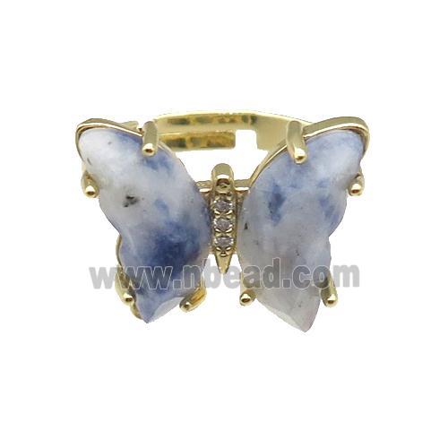 Blue Dalmatian Jasper Ring Adjustable Gold Plated