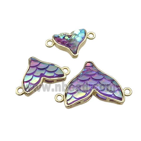 Copper Mermaid Tail Pendant With 2loops Purple Resin Gold Plated