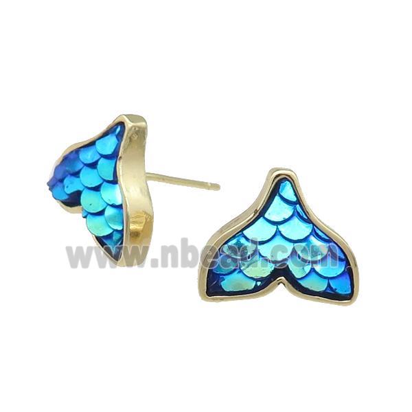 Copper Mermaid Tail Stud Earring Blue Resin Gold Plated