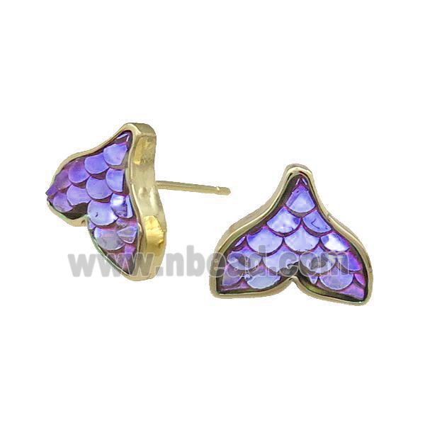 Copper Mermaid Tail Stud Earring Purple Resin Gold Plated