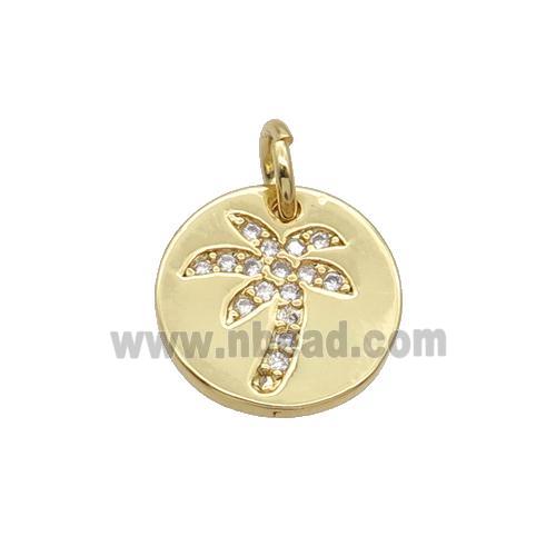 Copper Circle Pendant Pave Zircon Coconut Tree Unfade 18K Gold Plated