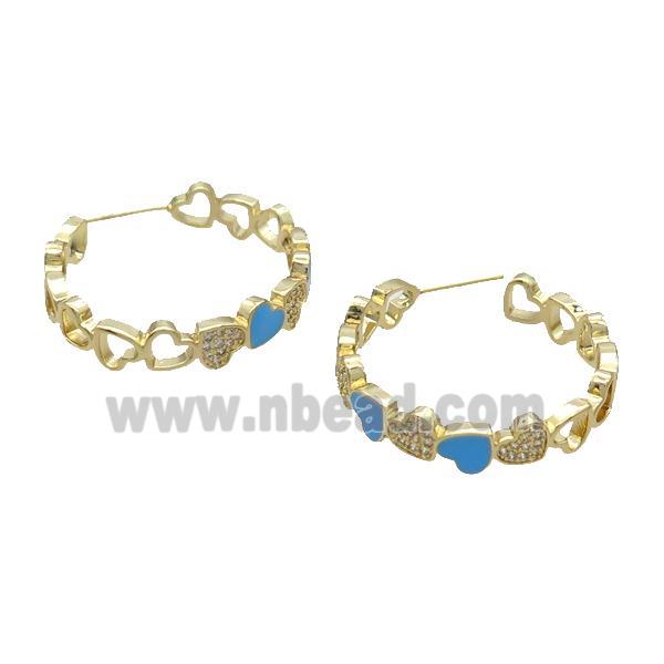 Copper Stud Earring Pave Zircon Blue Enamel Heart Gold Plated