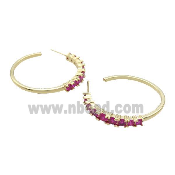Copper Stud Earring Pave Hotpink Zircon Gold Plated