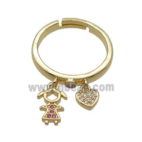 Copper Ring With Girl Heart Pave Zircon Adjustable Gold Plated