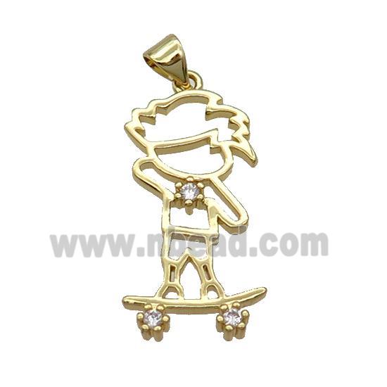 Copper Boy Kid Pendant Pave Zircon Skating Gold Plated