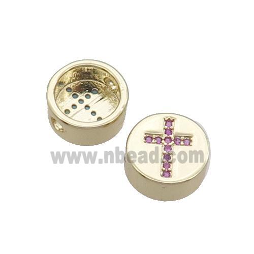 Copper Button Beads Pave Pink Zircon Cross Gold Plated