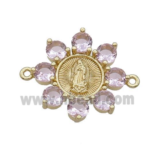 Copper Flower Connector Pave Pink Crystal Jesus Gold Plated