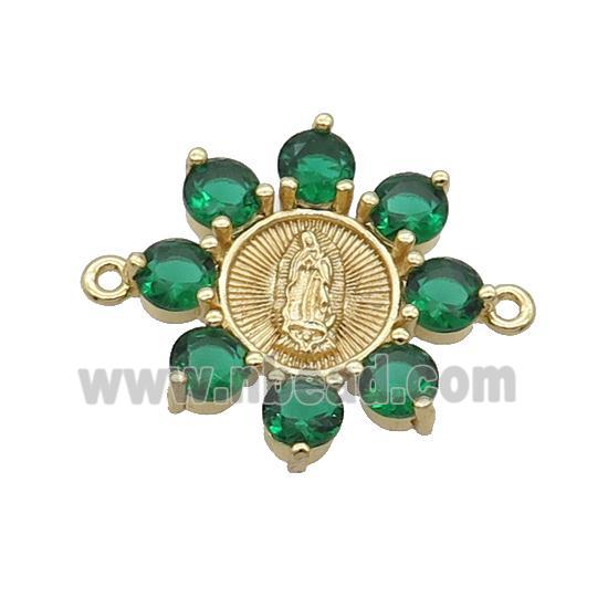 Copper Flower Connector Pave Green Crystal Jesus Gold Plated