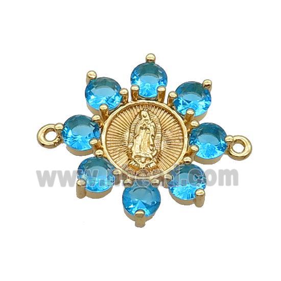 Copper Flower Connector Pave Blue Crystal Jesus Gold Plated