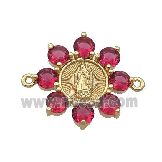 Copper Flower Connector Pave Red Crystal Jesus Gold Plated