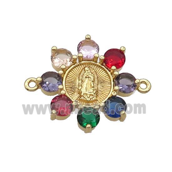 Copper Flower Connector Pave Multicolor Crystal Jesus Gold Plated