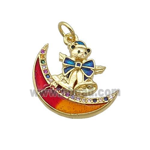 Copper Moon Pendant Pave Zircon Red Enamel Mouse Gold Plated