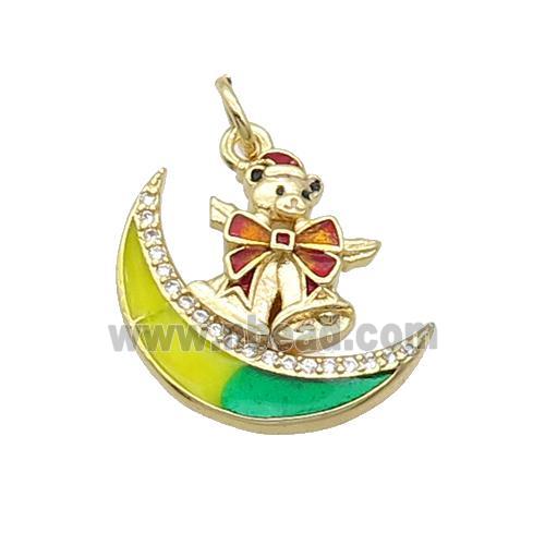 Copper Moon Pendant Pave Zircon Yellowgreen Enamel Mouse Gold Plated