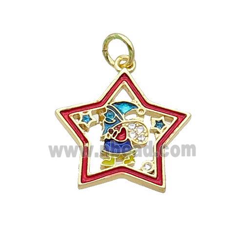 Copper Santa Claus Pendant Pave Zircon Red Enamel Star Gold Plated