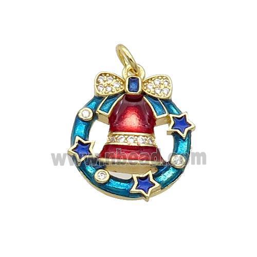 Copper Christmas Bell Pendant Pave Zircon Red Enamel Gold Plated