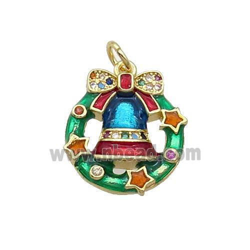 Copper Christmas Bell Pendant Pave Zircon Multicolor Enamel Gold Plated